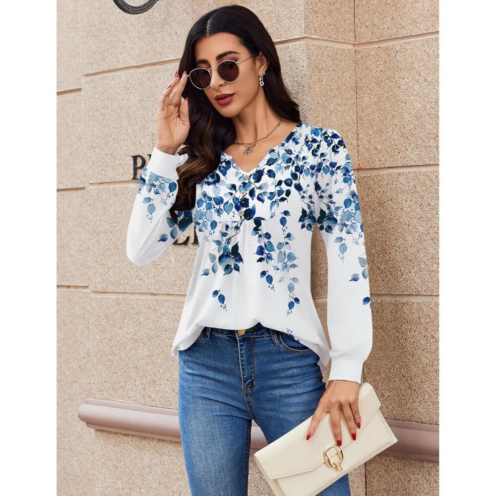 Long Sleeve Women's Shirt Polyester Spandex V-Neck Casual Fall Blouse - Picture 2 of 5